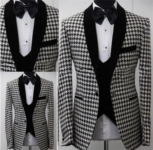 Men's 3 Pieces Slim Fit Houndstooth Velvet Shawl Lapel Tuxedo Suits Jacket Pants Set for Wedding Prom Dinner