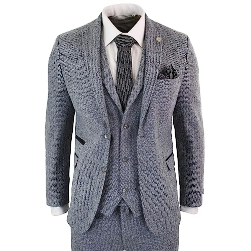 51vPI0VUfWL.jpg Mens Light Grey 3 Piece Tweed Suit Herringbone Wool Vintage Retro