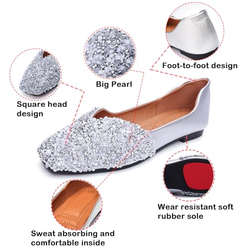 Flats Shoes Women Rhinestone Square Fashion Ballet Flats Wedding Flats for Women Comfortable Slip on Low Heel Dress Shoes