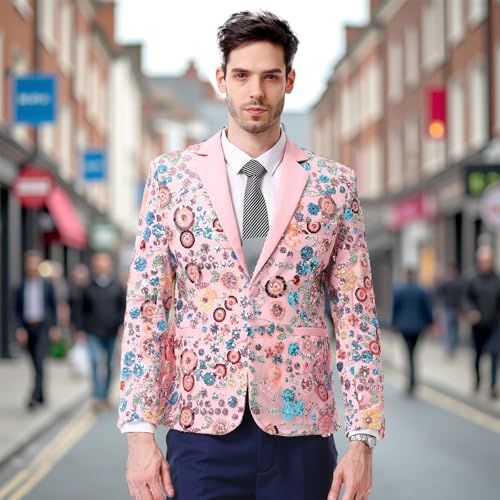 Mens Applique Floral Suit 2 Piece Suquin Pattern Slim Fit Men's Suit Set Party Dress 2 Button Blazer Pants