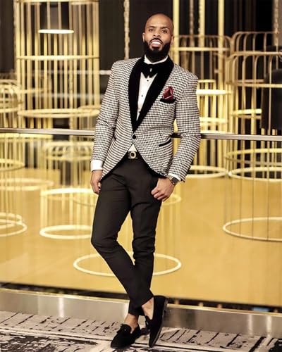Men's 3 Pieces Slim Fit Houndstooth Velvet Shawl Lapel Tuxedo Suits Jacket Pants Set for Wedding Prom Dinner