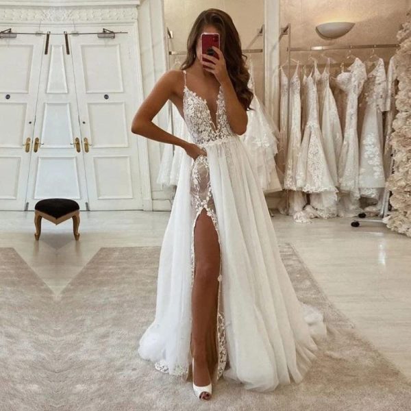 612euAfTiWL.jpg Boho Wedding Dresses for Bride with Slit Lace Appliques Long Sleeve Mermaid Bridal Dresses for Wedding 2025 DE08