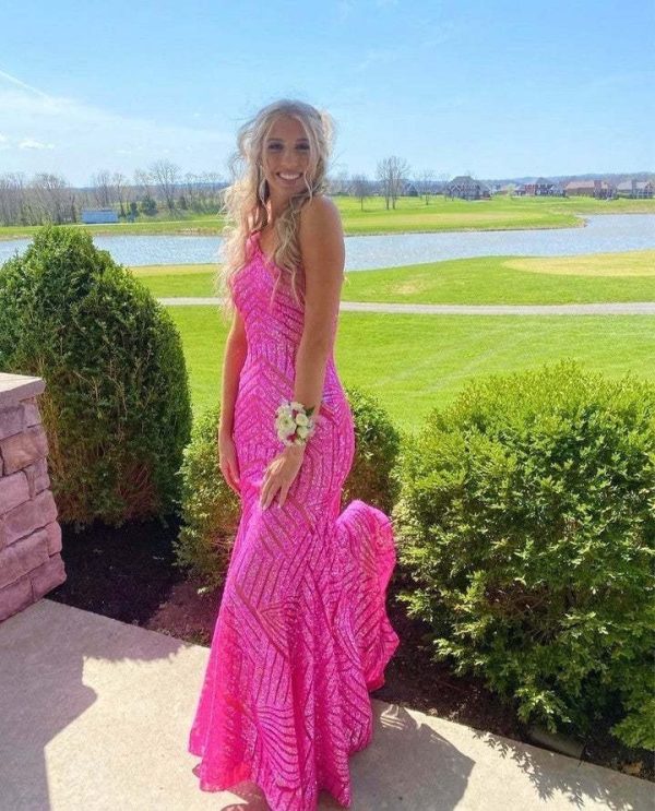 Hot Pink Prom Dresses for Teens Sequin Mermaid One Shoulder Wedding Party Evening Gown Long Sparkly 10