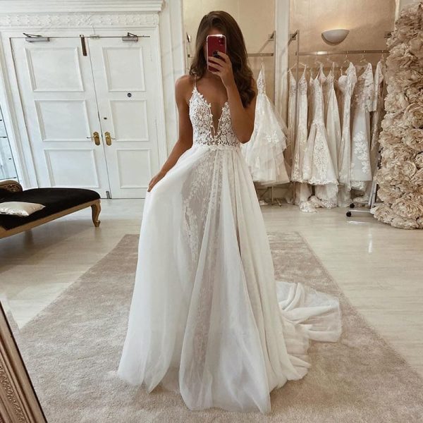 61haFif0znL.jpg Boho Wedding Dresses for Bride with Slit Lace Appliques Long Sleeve Mermaid Bridal Dresses for Wedding 2025 DE08