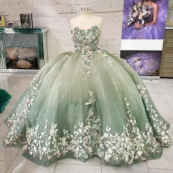Sweetheart Floral lace up Corset Quinceanera Dresses Puffy Prom Party Sweet 15 16 with Train for Girl Juniors Prom Ball Gown